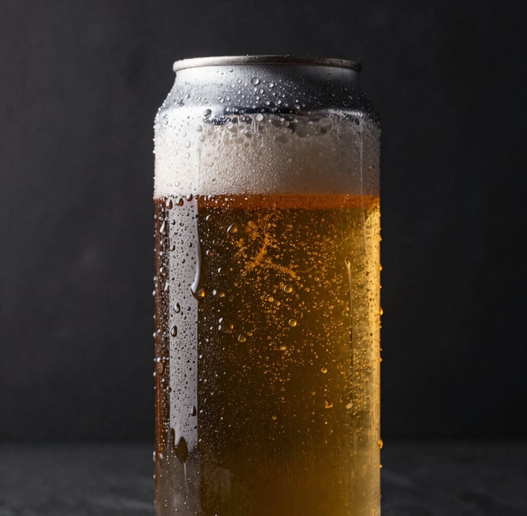 Close-up of a sweating craft beer can with condensation dripping down, dark slate background, dramatic side lighting with warm amber highlights