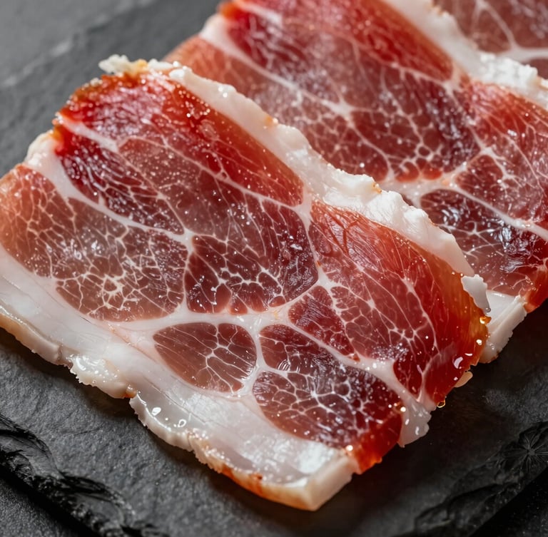 Extreme macro shot of freshly sliced prosciutto crudo on a dark slate surface, displaying intricate white fat marbling and rich ruby red meat, dramatic warm side lighting catching glistening textures.