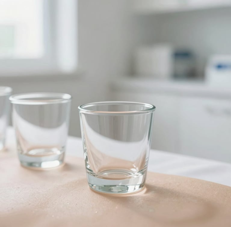 A close-up of sterile, modern glass cups placed on clean skin, bright soft natural daylight, pristine minimalist medical clinic environment, 35mm clinical photography