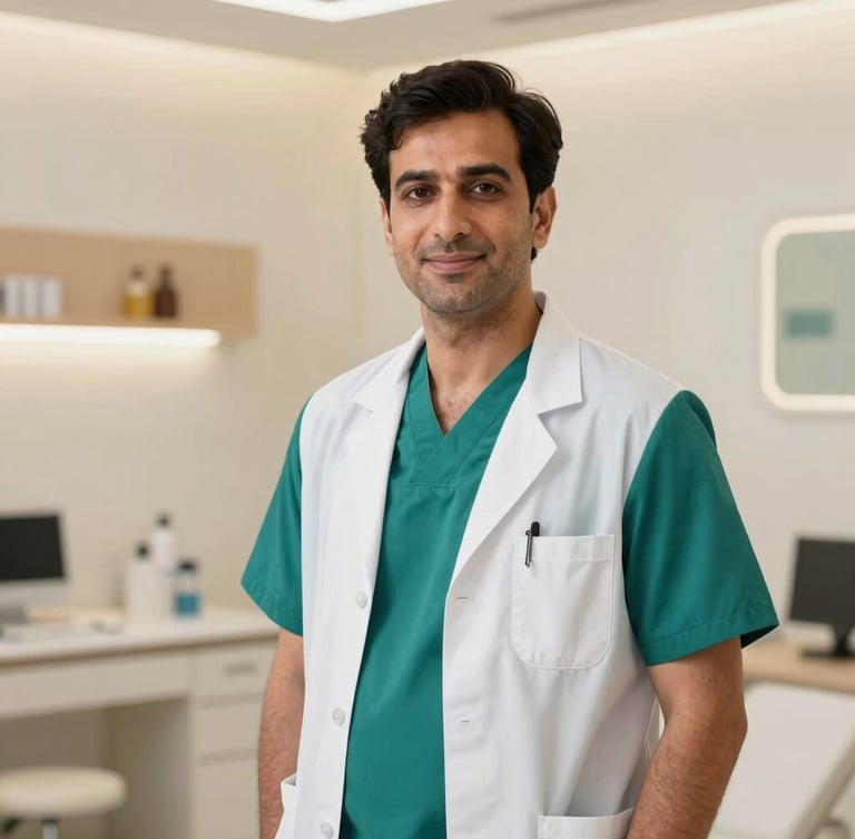 Professional portrait of Dr. Ashhar Azmi in clean clinical attire, warm lighting, minimalist medical clinic background, 35mm photography