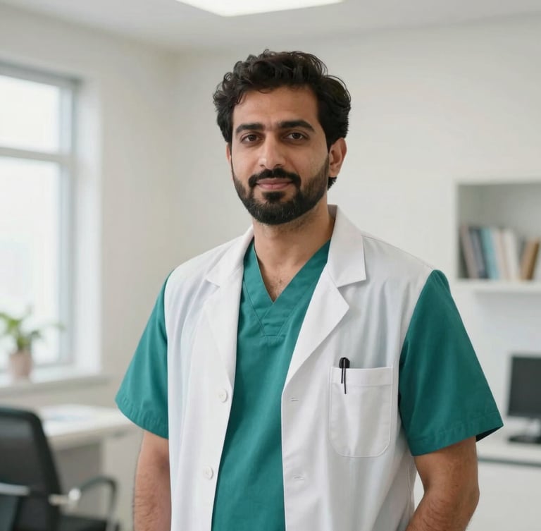 Professional warm portrait of Dr. Ashhar Azmi in professional clinical attire, clean minimalist medical office background, soft daylight, 35mm clinical photography