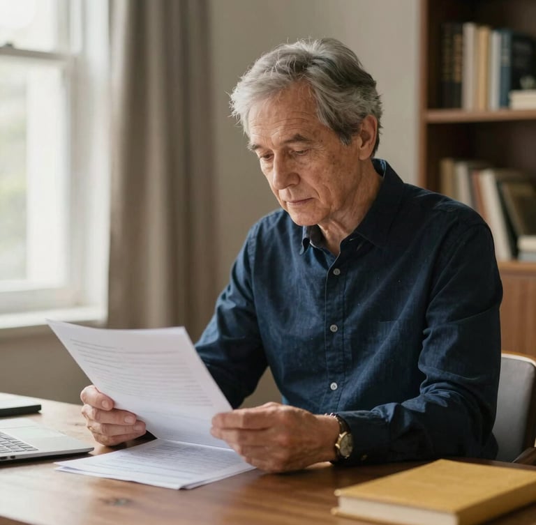 A thoughtful pre-retiree in a soft-lit home office reviewing financial documents, calm atmosphere, warm natural light, editorial wealth management style