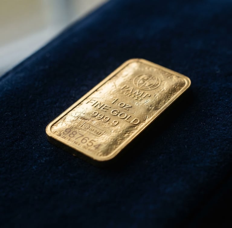 Macro close-up of a minted physical gold bullion bar resting on a dark navy surface, soft natural window light highlighting the heavy metallic texture, shallow depth of field