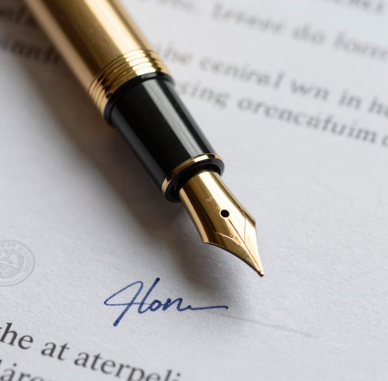 Close-up macro of a gold fountain pen resting on a signed legal document with official stamps, dramatic lighting, high contrast.