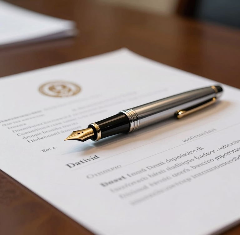 Macro close-up of a high-end corporate boardroom table, a luxury fountain pen resting on official legal documents with blurred government stamps, dramatic side lighting, sharp gold highlights.