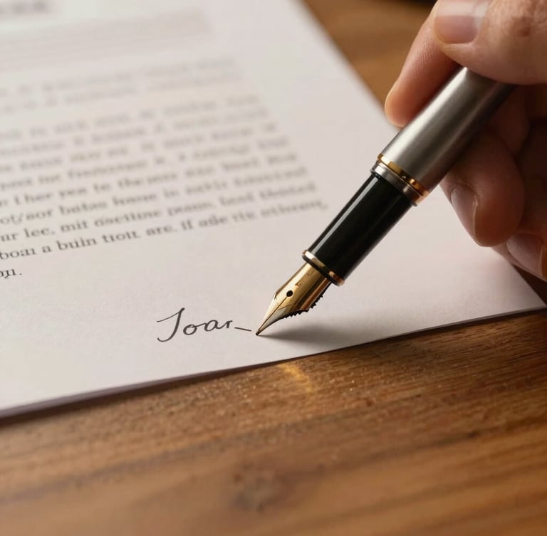 Close-up of a fountain pen signing a legal document on a warm wooden desk, soft side lighting casting a golden glow.