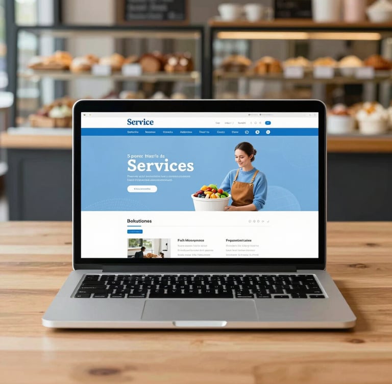 Straight-on eye-level photo of a modern laptop on a clean wooden desk in a bright, sunlit local bakery, displaying a clean service website, 35mm