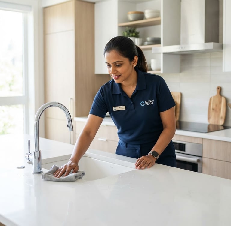 A professional Indian cleaning technician in a sharp blue uniform detailing a modern kitchen countertop, bright natural light, crisp focus.