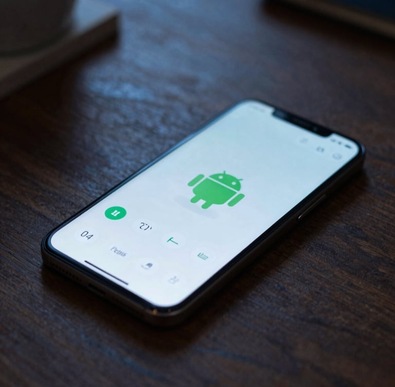 A macro shot of a sleek Android smartphone resting on a dark oak desk, displaying a clean minimalist app interface with soft green accents, illuminated by a gentle ambient screen glow in a cool-toned evening room.