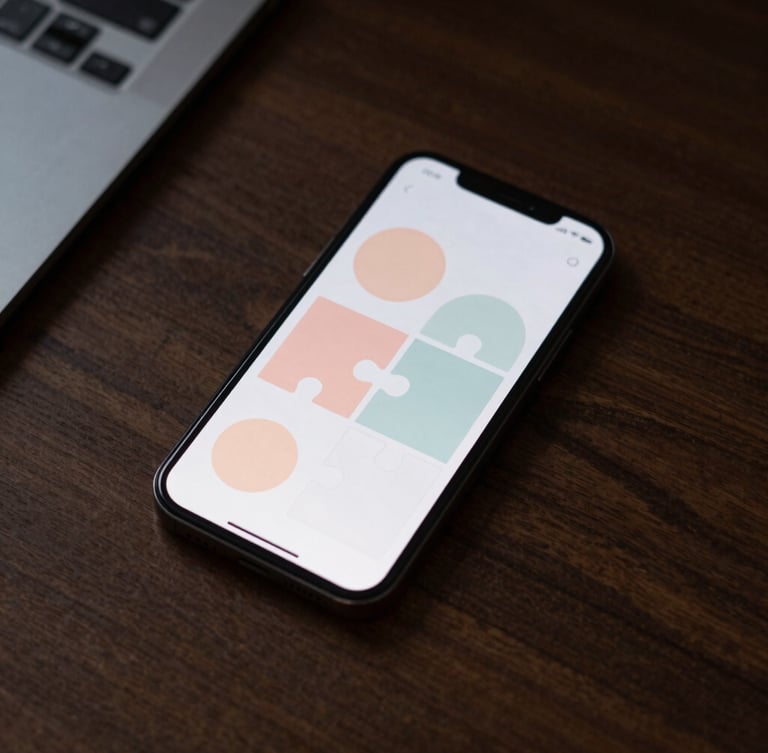 Overhead flat-lay of a dark wooden desk, a modern smartphone displaying a minimalist puzzle game with soft pastel shapes, warm evening light.