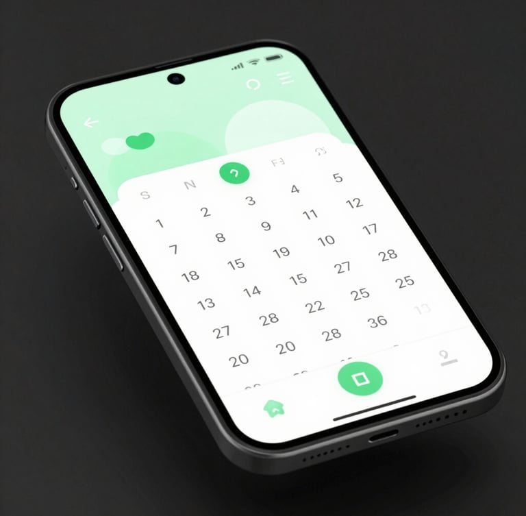 Sleek high-fidelity Android device mockup displaying a clean minimalist calendar app interface with soft green accents, floating on a dark background