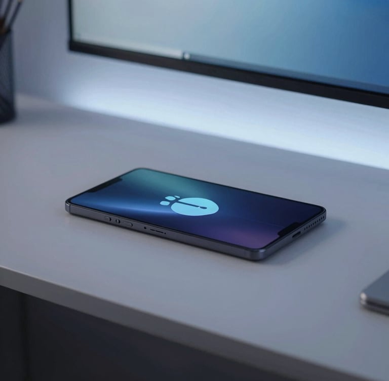 Sleek minimalist home workspace desk overhead flat-lay, soft ambient screen glow from an Android device, cool-toned evening light, macro depth of field