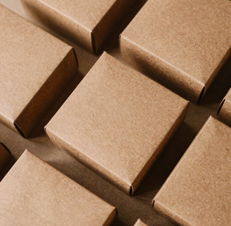 Overhead flat-lay of structured gift boxes in desaturated saffron and clay tones, soft natural side-light highlighting heavy-milled paper texture, 35mm film.