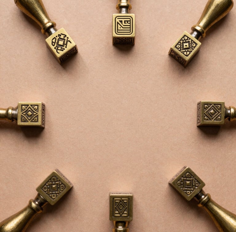 Overhead flat-lay of heavy-milled clay-colored paper sheets, brass foil-stamping dies with geometric South Asian motifs, soft natural side-light, desaturated saffron tones