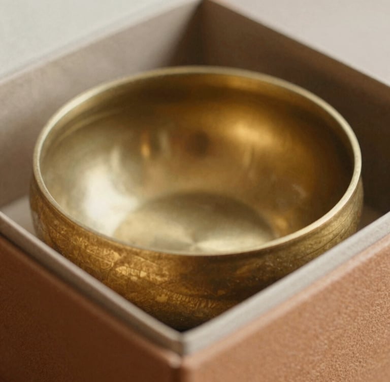 Macro close-up of a heavy-milled brass incense bowl resting inside a desaturated saffron-colored structured paper box, soft natural side-light, fine paper texture visible.