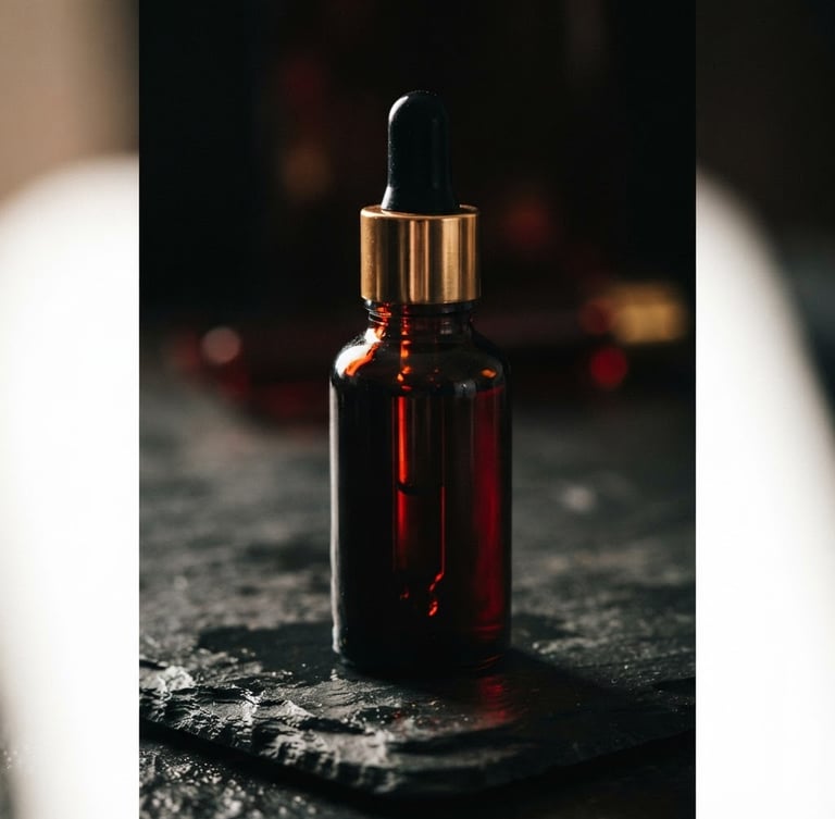 Moody product photography of a premium dark glass dropper bottle with gold lettering, placed on a dark slate background, dramatic side lighting with rich wine red reflections, macro lens, 35mm