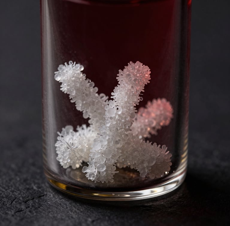 Macro shot of pure white crystalline peptide structures inside a dark glass vial, moody dramatic lighting with deep wine red shadows, high contrast
