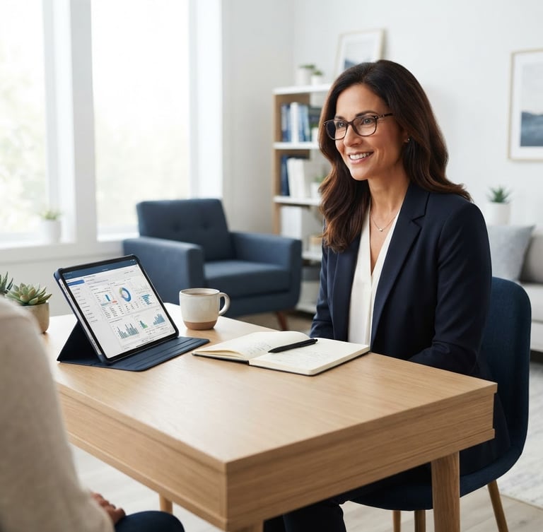 A professional counselor sitting at a clean minimalist desk with official MCC documentation charts visible on a tablet screen, bright natural daylight, clinical white and deep navy tones