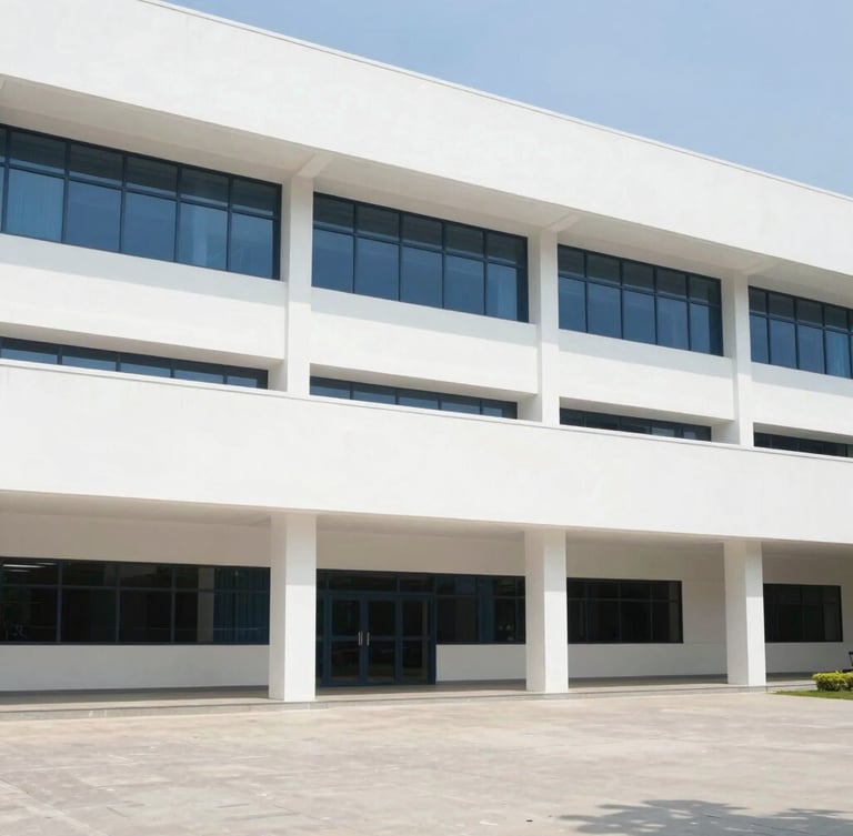 Architectural eye-level shot of a modern Indian medical campus facade, clean concrete lines, bright natural daylight, clinical white tones, ample negative space