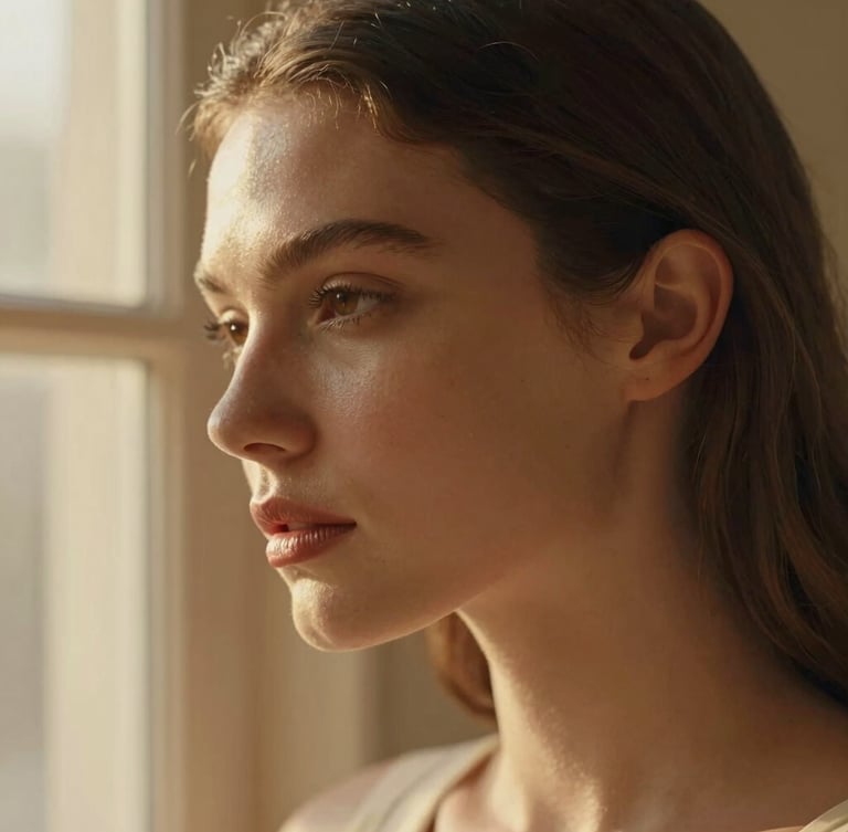 Close-up shot of glowing, natural skin texture on an elegant model, soft cinematic golden-hour window light, warm champagne tones, shallow depth of field, 35mm