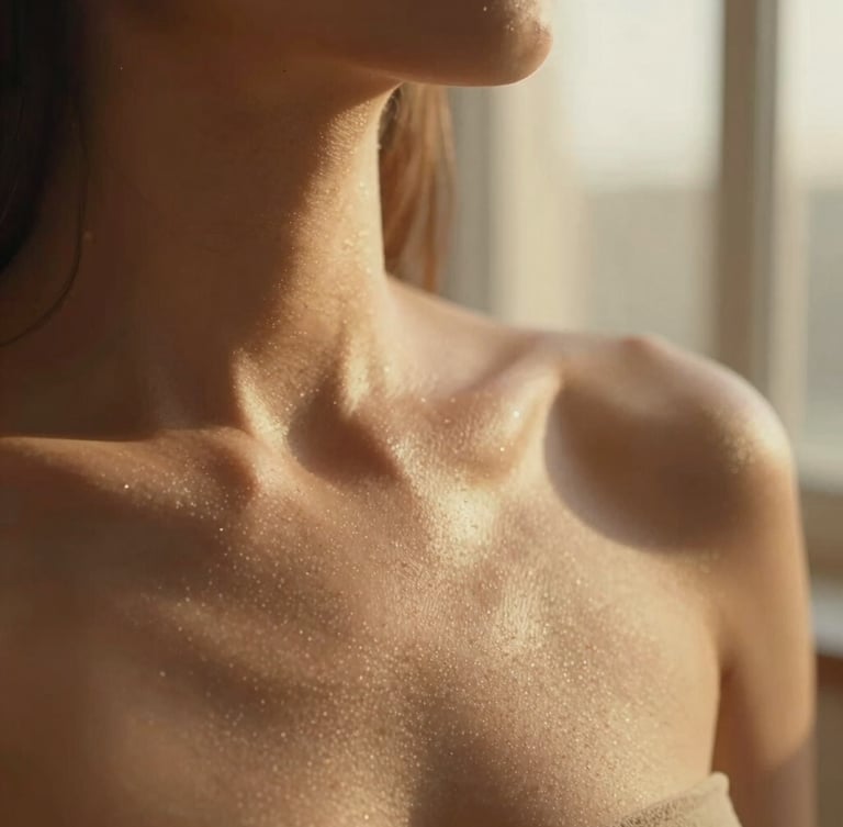 Close-up of glowing, luminous skin texture under cinematic golden-hour window light, soft warm champagne tones, shallow depth of field, 35mm