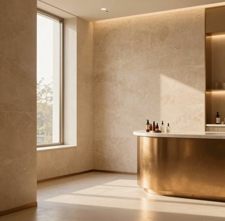 Wide environmental shot of a serene luxury clinic interior, natural stone walls, bronze accents, soft warm golden-hour lighting, minimalist and expensive-looking, 35mm