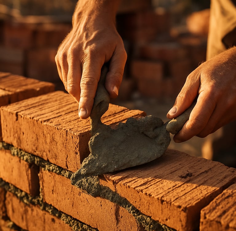 Close-up of hands working with raw terracotta bricks and mortar, warm sunlight illuminating the texture of the materials, authentic documentary style