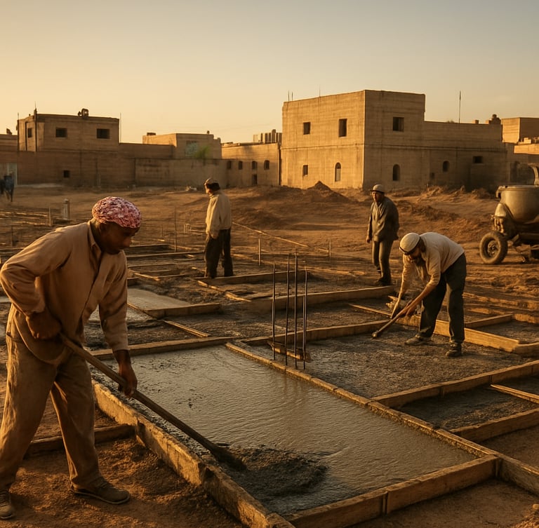Wide environmental shot of an active community construction site in the Middle East, local builders laying concrete foundations under warm golden-hour sunlight, 35mm documentary photography style