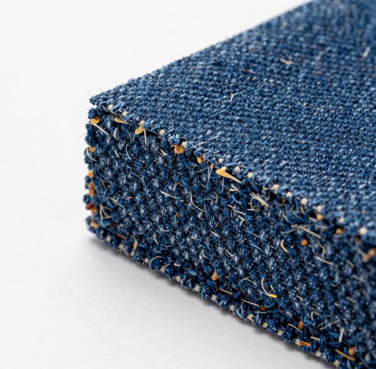 Macro photograph of a cross-section of a dense denim-fiber composite panel, showing compressed blue and indigo fibers fused together, studio lighting, sharp focus on the raw textured edge.