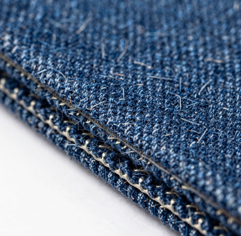Extreme macro studio photograph of a dense indigo denim-fiber composite panel edge, showing compressed blue threads and structural binder matrix, crisp directional lighting, 35mm.