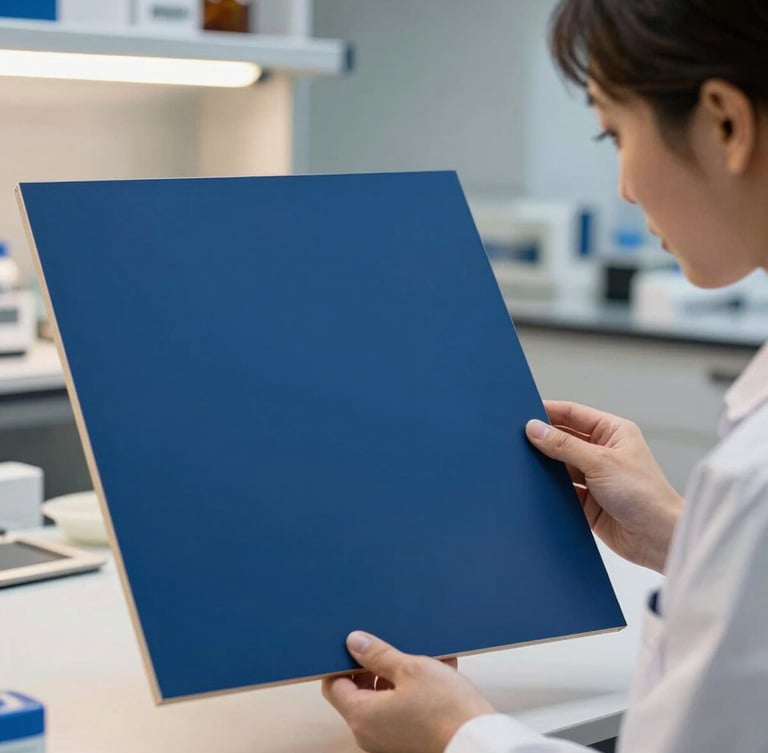 A focused industrial designer examining a large blue composite panel in a clean material science laboratory, soft directional lighting.
