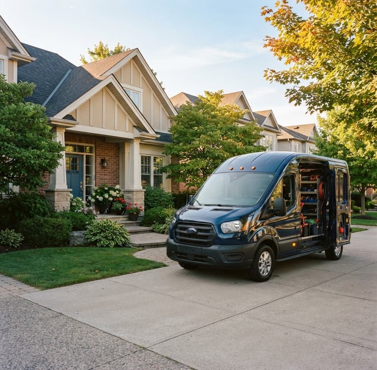 Bright editorial photography of a clean service truck parked outside a neat suburban home, warm morning light, sharp focus, 35mm