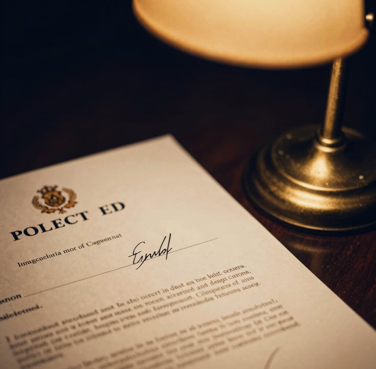 Close-up of signed property deeds and legal documents under a warm brass desk lamp, shallow depth of field, moody editorial photography, deep navy and gold tones.