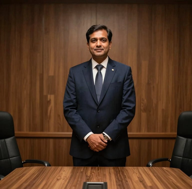 Dignified legal counsel in formal attire standing in a quiet, wood-paneled Gurugram consultation room, warm low-key directional lighting, 35mm editorial photography.