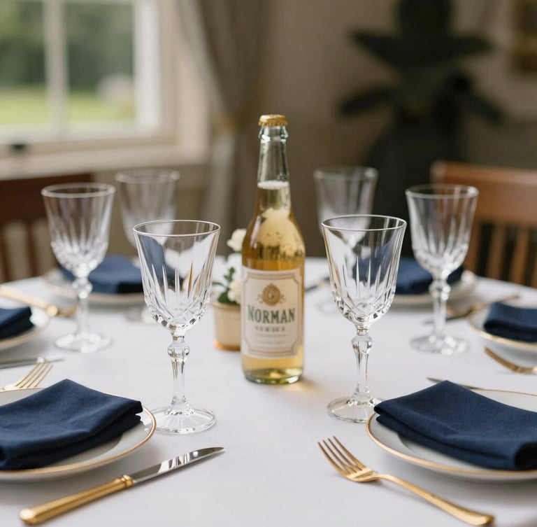 Close-up of an elegant table setting at a Norman estate, crystal glasses, golden cutlery, local cider bottle, soft daylight, shallow depth of field