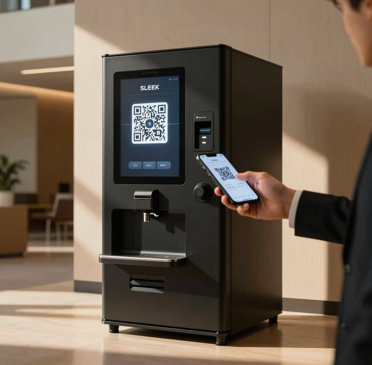 Sleek matte-black coffee vending machine standing in a sunlit, modern corporate lobby. A professional's hand holds a smartphone, scanning a clear, glowing QR code on the machine's digital screen. Warm amber lighting, high-contrast geometric composition.