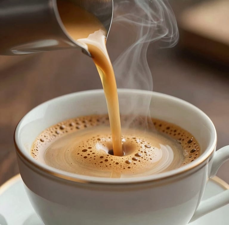 Close-up of a premium porcelain cup being filled with rich, steaming espresso with perfect golden crema, warm side lighting, soft focus background.