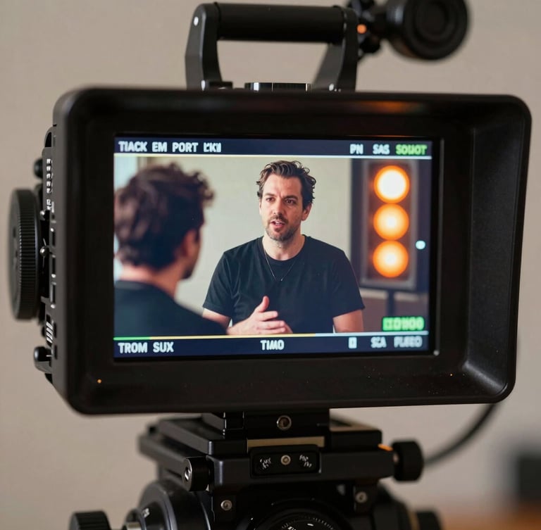 Tight macro shot of a high-end cinema camera monitor showing a client being interviewed, high-contrast studio lighting, orange tally light glowing