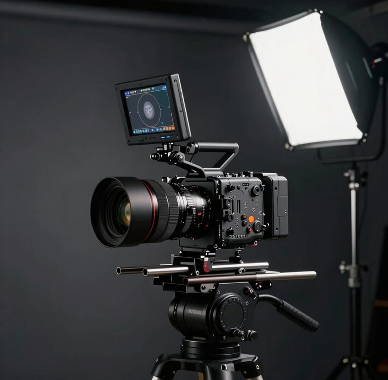 Cinematic high-end camera rig on a professional studio set, dramatic high-contrast key lighting with subtle safety orange status lights visible on the monitor, dark slate background.
