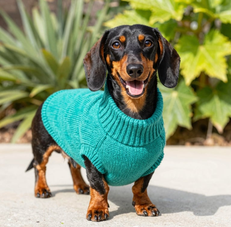 Vibrant pet photography, a happy dachshund wearing a perfectly fitted colorful teal knitted sweater, bright natural daylight, outdoor garden setting, eye-level shot.