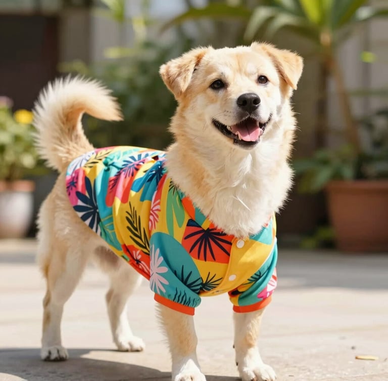 A cheerful happy dog wearing a vibrant, colorful tropical print pet shirt, standing proudly in bright natural daylight, warm outdoor garden background, shallow depth of field, 35mm lens