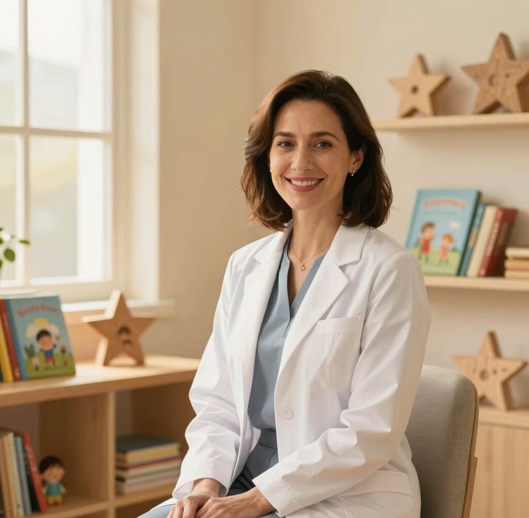 Warm professional portrait of a smiling female psychologist in a cozy cream-toned room with children's books and wooden stars on shelves, soft golden window light, editorial style.