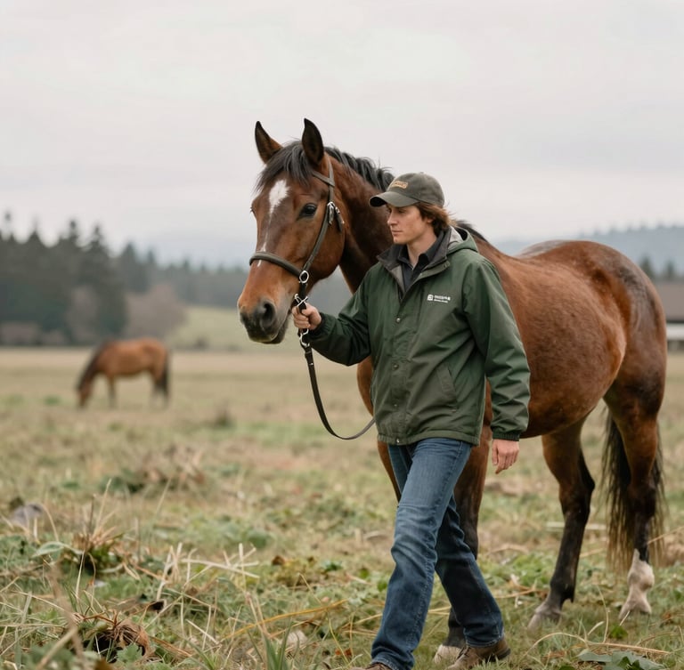A volunteer in a dark green jacket walking alongside a horse in a soft overcast Port Orchard pasture, shallow depth of field.