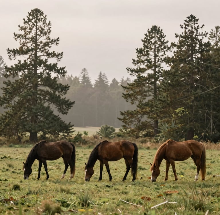 A wide shot of three horses grazing peacefully in a lush green pasture surrounded by tall pine trees under an overcast sky, misty morning, warm earth tones
