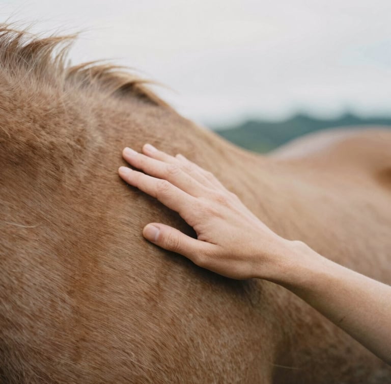 A close-up of a hand gently resting on a horse's warm coat, soft overcast Pacific Northwest daylight, shallow depth of field, 35mm film