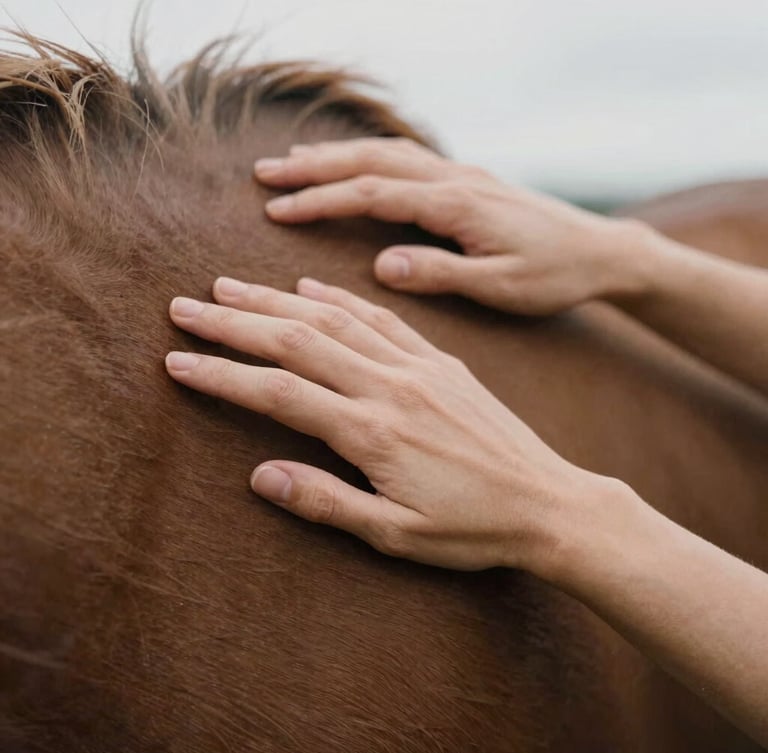 Candid close-up of hands gently resting on a horse's warm coat, soft overcast daylight, shallow depth of field, natural textures, 35mm photography