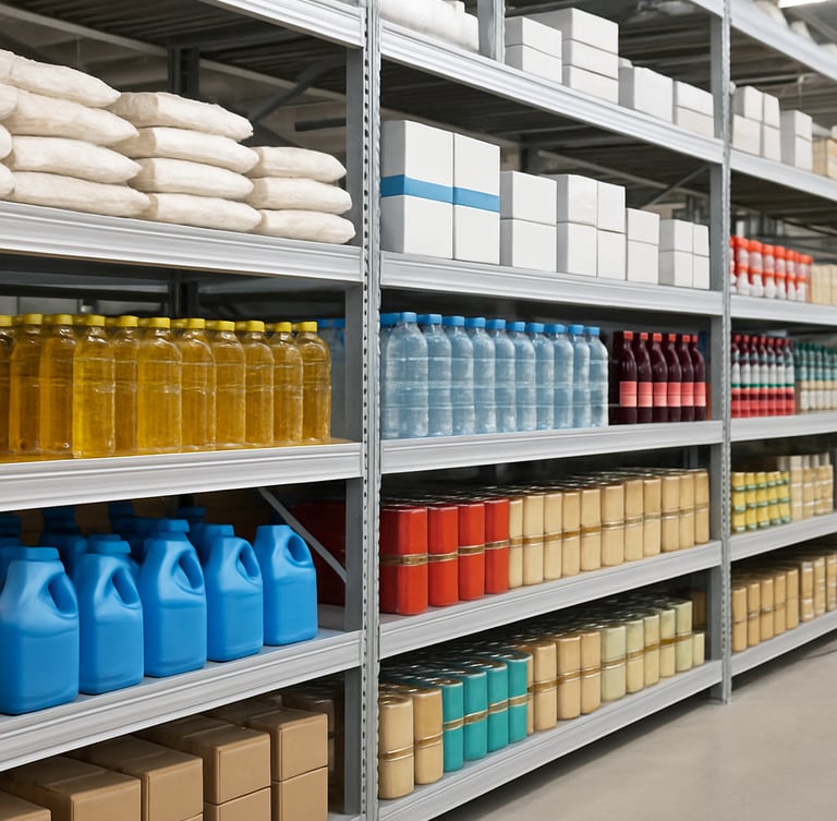 Close-up of neatly stacked warehouse shelves with high-demand grocery goods and beverages, bright clean warehouse lighting, organized B2B logistics environment