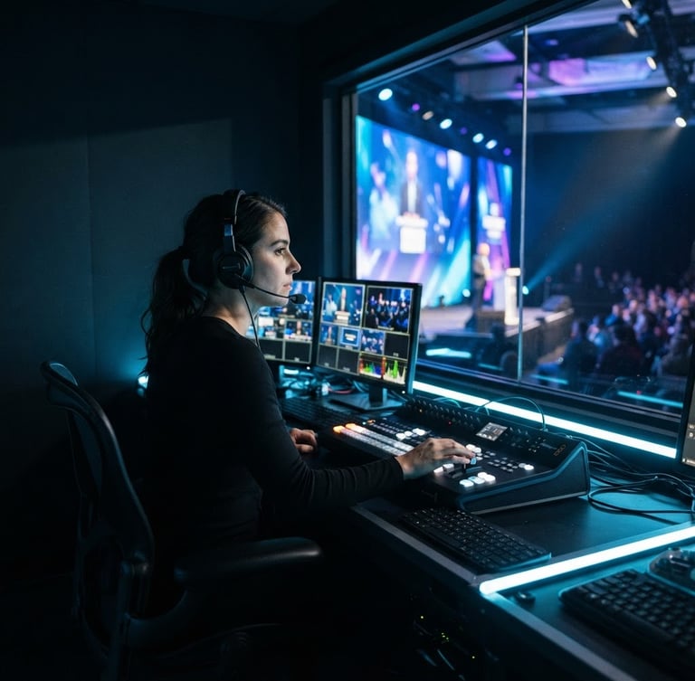 A sleek side profile of a digital production operator sitting in a dark control booth overlooking a bright corporate stage, cool blue neon highlights, sharp focus, 35mm lens.
