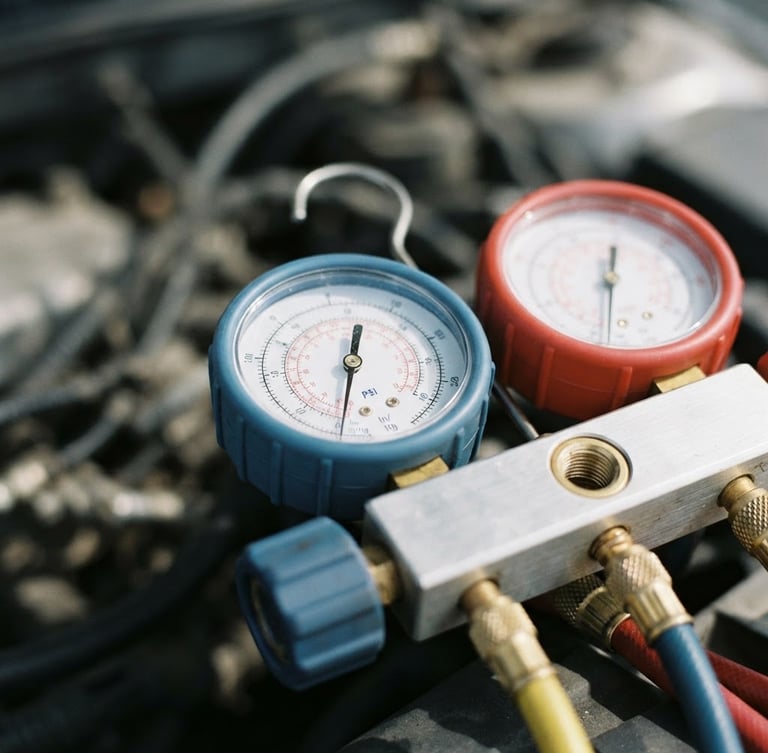 Close-up of automotive AC manifold gauges showing pressure drop, bright daylight, metallic and cool blue tones, 35mm photography