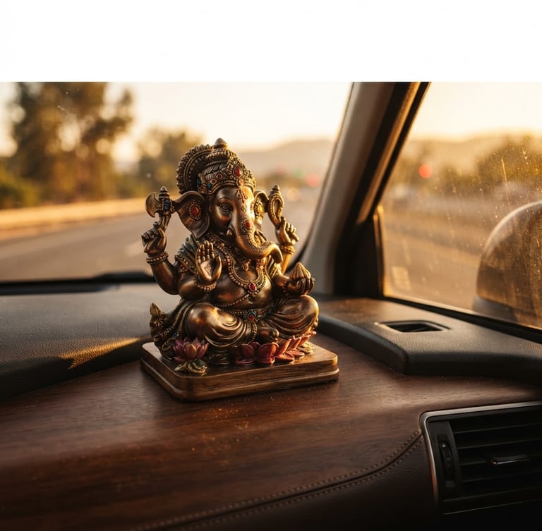 Close-up of a meticulously crafted polyresin idol, possibly Ganesha or Lakshmi, on a clean wooden car dashboard, warm dramatic side-lighting emphasizing intricate details, golden hour sunlight streaming through the window, shallow depth of field, wide panoramic frame.